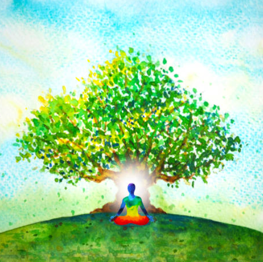 A watercolour painting of the outline of a person in meditation beneath a tree.