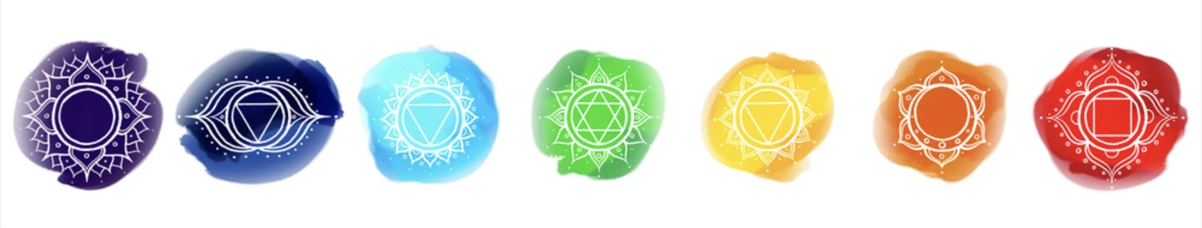 A row of vibrant chakra symbols, each representing a different energy center in the body. From the root chakra at the base, to the crown chakra at the top, the chakras are depicted in their respective colors, creating a colorful and harmonious rainbow